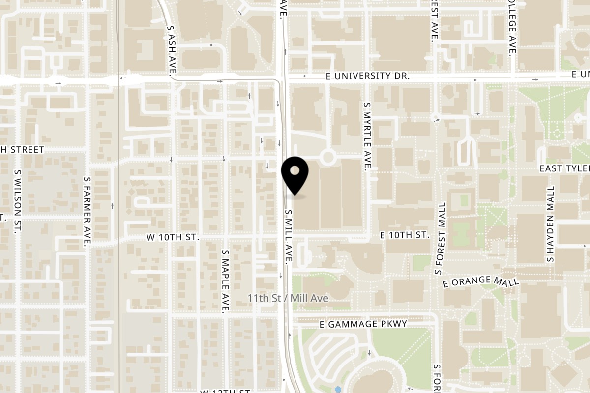 Map showing the location of The Trough Tempe on 947 S Mill Ave #103 in Tempe